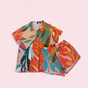Vitamin A Multicolor Leaf-Print Short Set — Coral, Teal & Mustard